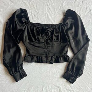 Forever 21 Black Satin Long Sleeve Cropped Corset Top - Women's Small